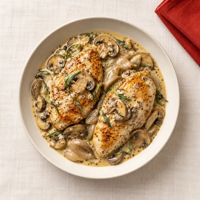 Poulet moutarde, estragon et champignons
