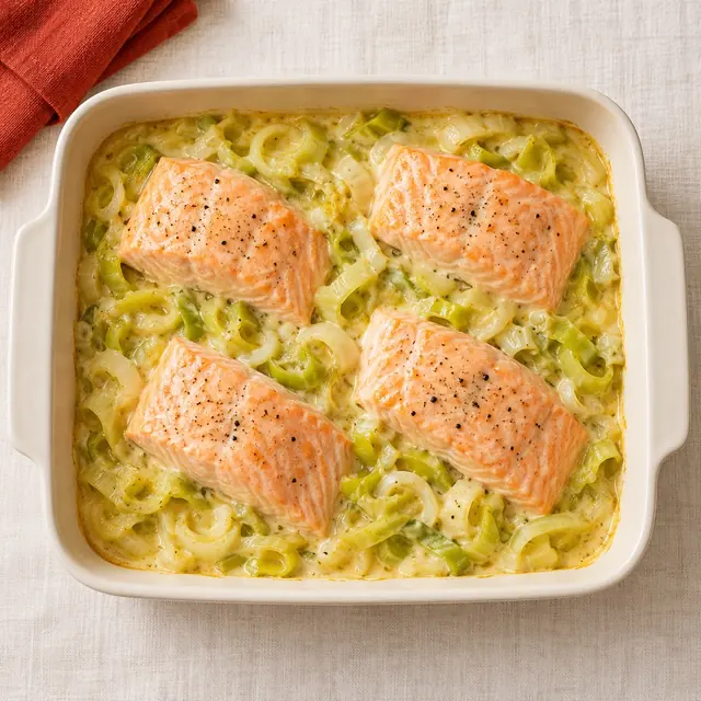 Saumon aux poireaux à la crème